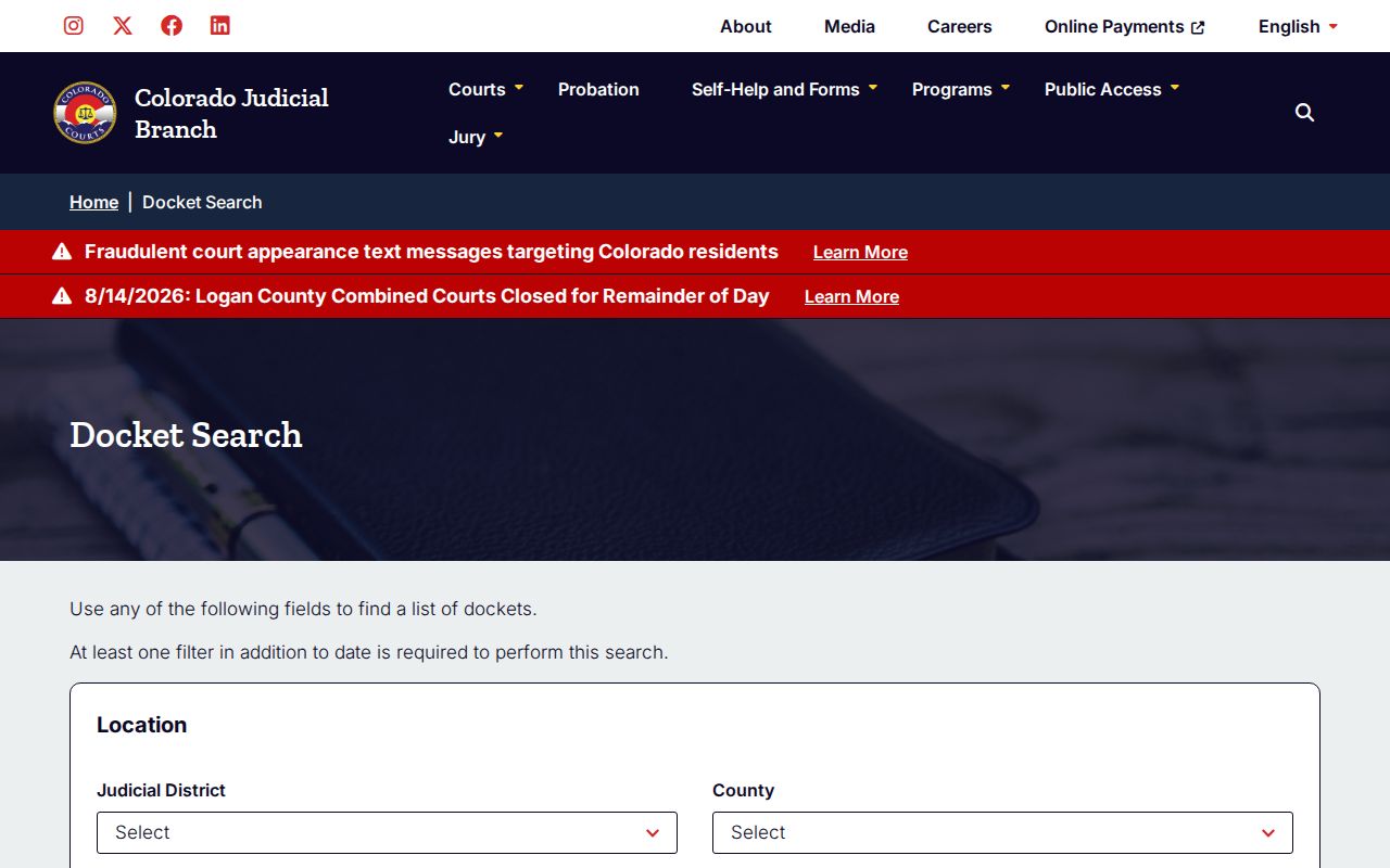 Montezuma County court calendar statewide docket search interface