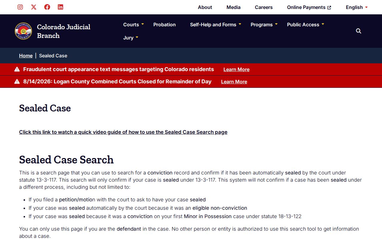 Montezuma County criminal docket sealed case confirmation interface