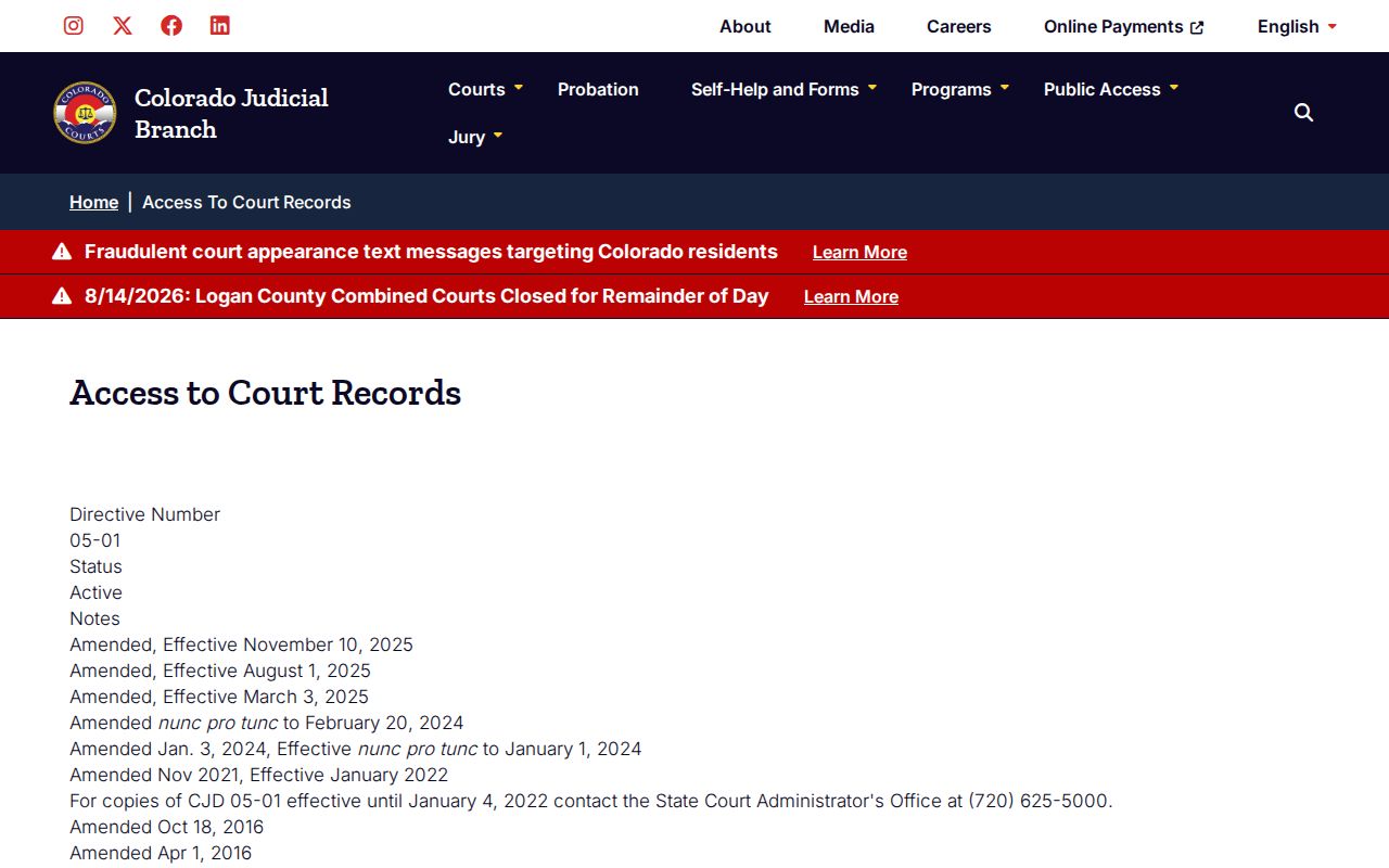 Montezuma County court records CJD 05-01 access policy
