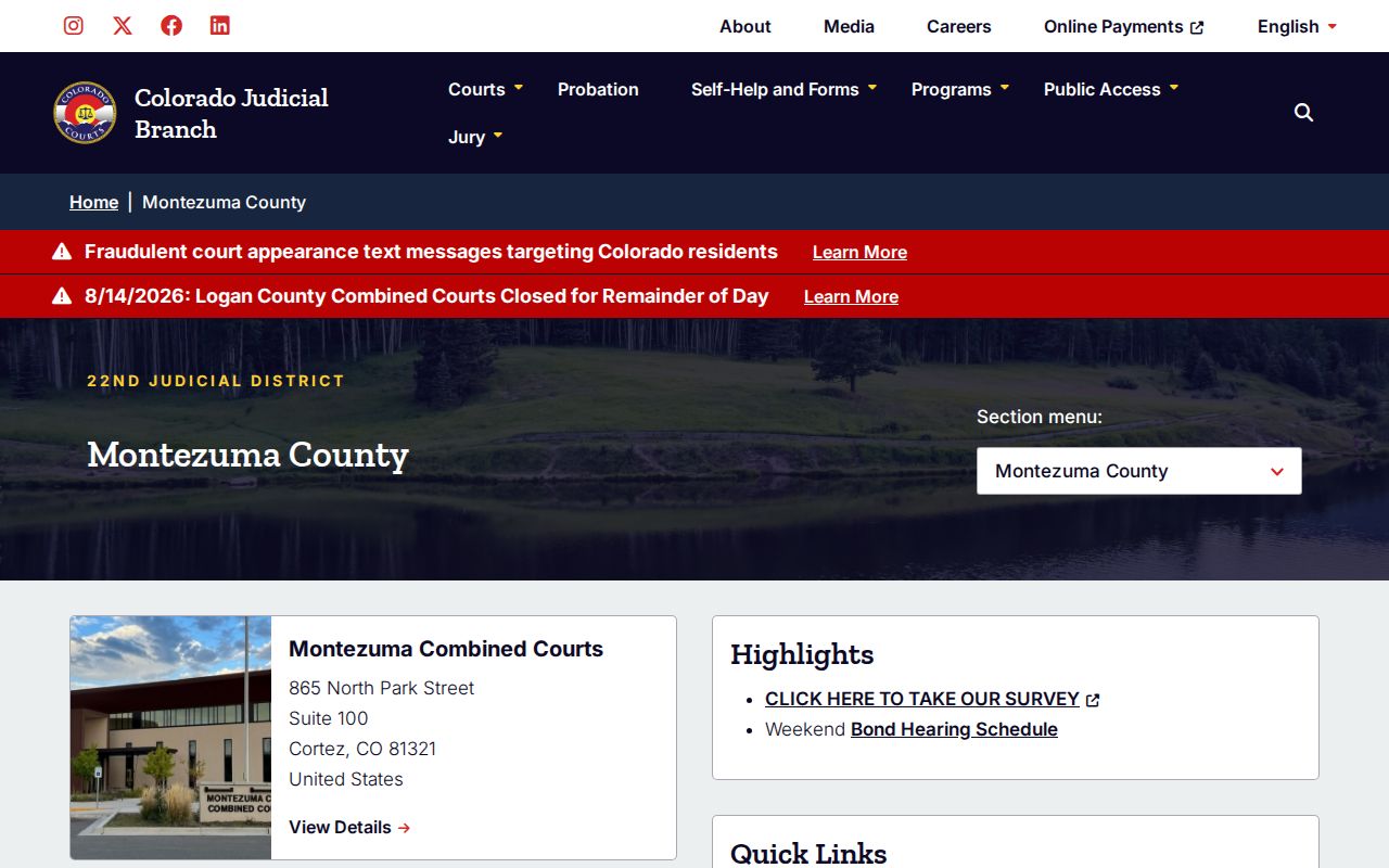 Montezuma County court docket page for Montezuma Combined Courts